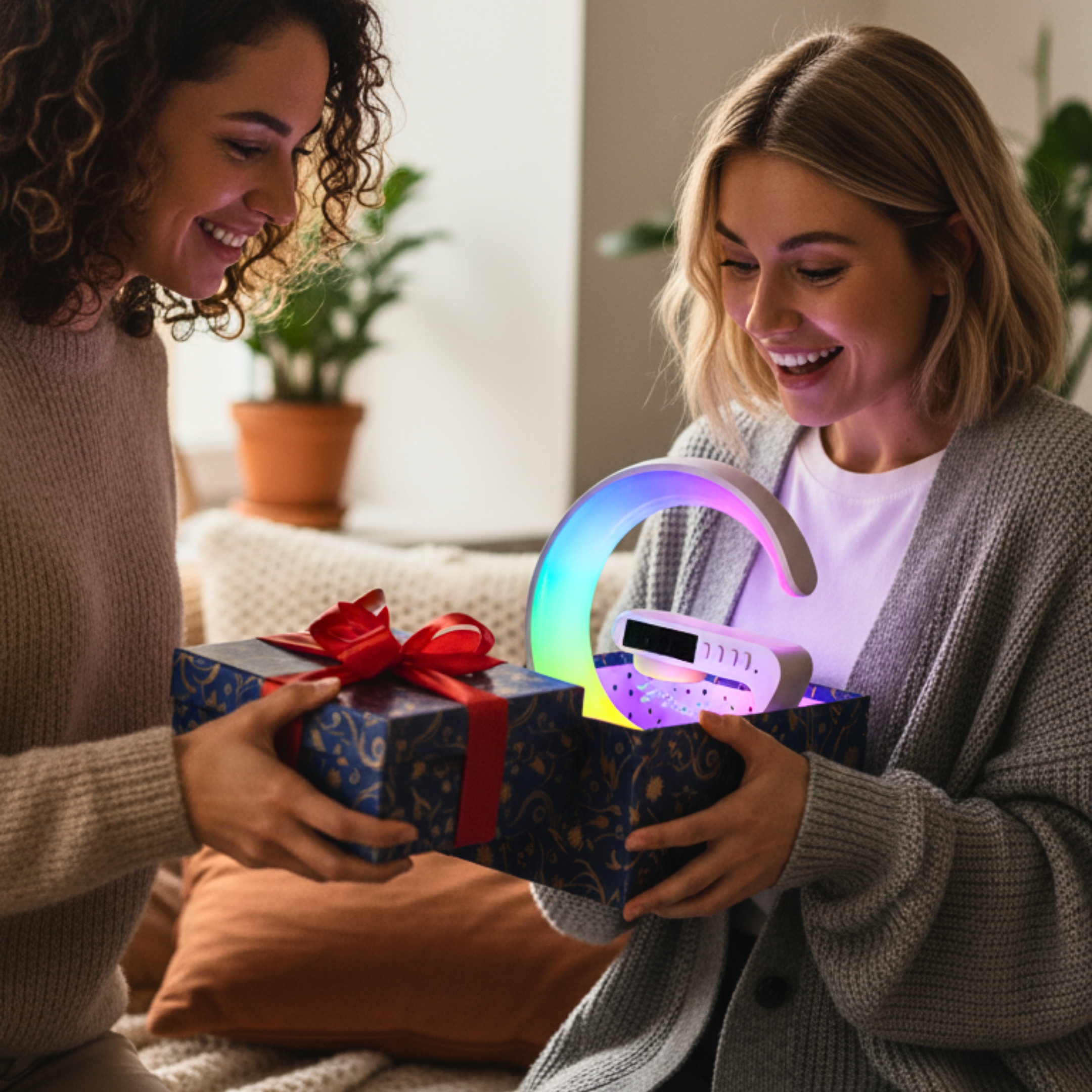 Lámpara Aura G en un estante de sala de estar, creando un ambiente acogedor al atardecer.